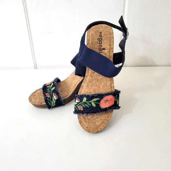 VeganBio Embroidered Cork Wedge Sandals - Picture 5 of 9
